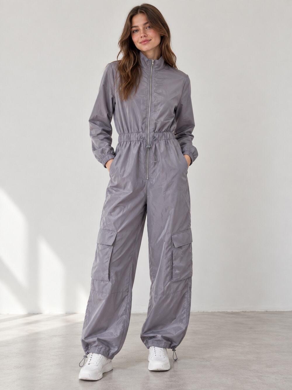 PrettyLittleThing Light Grey Zip Up Toggle Wide Leg Jumpsuit US 4 NWT $78